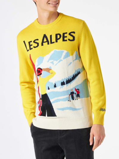 Shop Mc2 Saint Barth Man Sweater With Les Alpes Postcard In Yellow