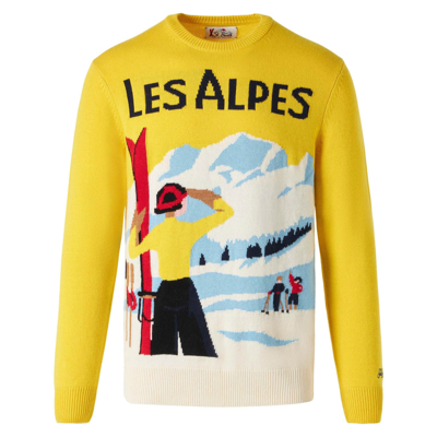 Shop Mc2 Saint Barth Man Sweater With Les Alpes Postcard In Yellow