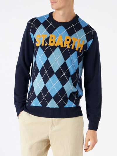Mc2 Saint Barth Man Sweater With Argyle Print In Blue