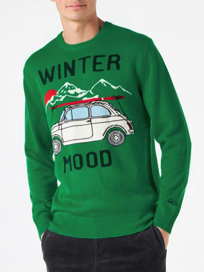 Mc2 Saint Barth Man Sweater With Car Print In Green
