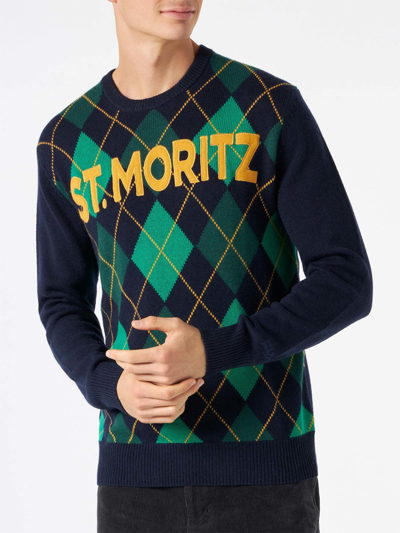 Mc2 Saint Barth Man Sweater With Argyle Print In Blue