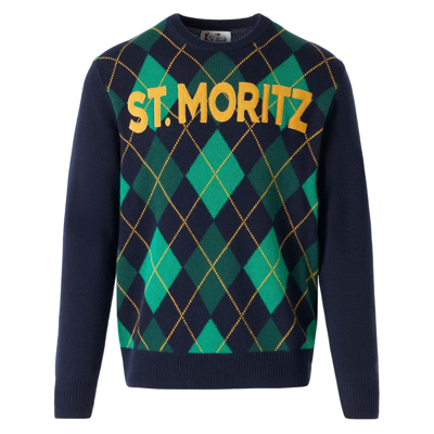 Mc2 Saint Barth Man Sweater With Argyle Print In Blue