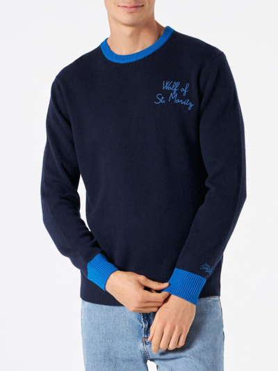 Shop Mc2 Saint Barth Man Navy Blue Sweater With Wolf Of St. Moritz Embroidery
