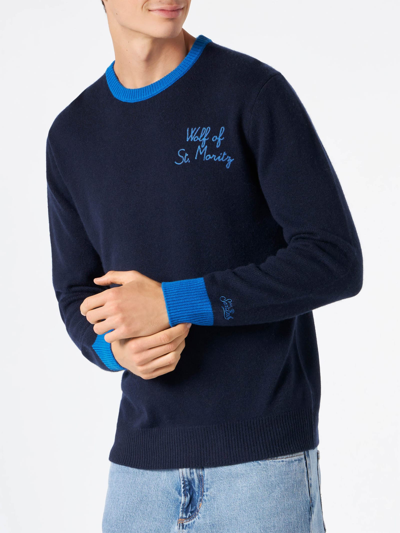 Shop Mc2 Saint Barth Man Navy Blue Sweater With Wolf Of St. Moritz Embroidery