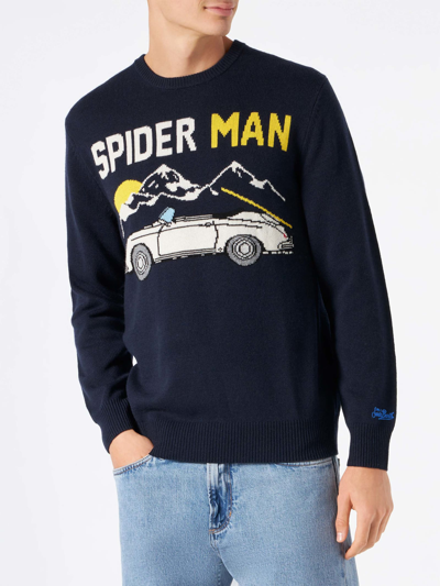 Mc2 Saint Barth Man Navy Blue Sweater With Car Print In Blue