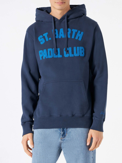 Mc2 Saint Barth Man Navy Blue Hooded Sweatshirt With Print In Blue