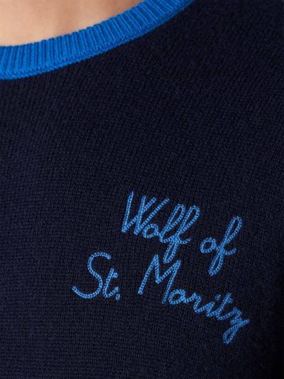 Shop Mc2 Saint Barth Man Navy Blue Sweater With Wolf Of St. Moritz Embroidery