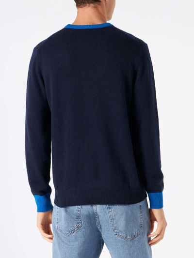 Shop Mc2 Saint Barth Man Navy Blue Sweater With Wolf Of St. Moritz Embroidery