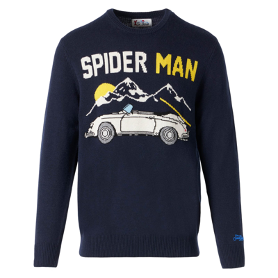 Mc2 Saint Barth Man Navy Blue Sweater With Car Print In Blue