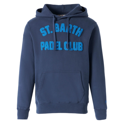 Mc2 Saint Barth Man Navy Blue Hooded Sweatshirt With Print In Blue
