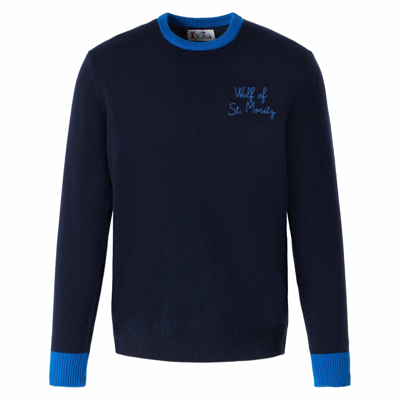 Shop Mc2 Saint Barth Man Navy Blue Sweater With Wolf Of St. Moritz Embroidery