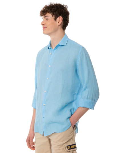 Mc2 Saint Barth Man Linen Light Blue Shirt In Blue