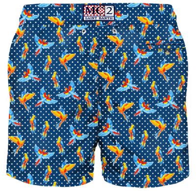 Mc2 Saint Barth Man Light Fabric Swim Shorts With Tropical Bridies Print In Blue