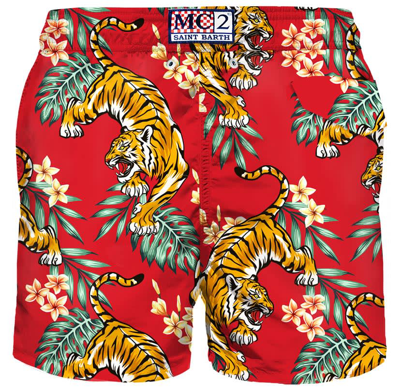 Shop Mc2 Saint Barth Man Light Fabric Swim Shorts With Tiger Print In Red