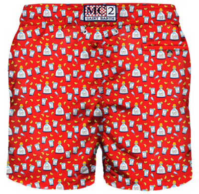 Mc2 Saint Barth Man Light Fabric Swim Shorts With Tequila Print In Red