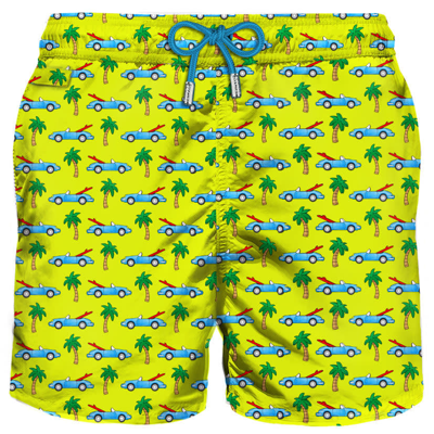 Shop Mc2 Saint Barth Man Light Fabric Swim Shorts With Surfcar Print In Yellow