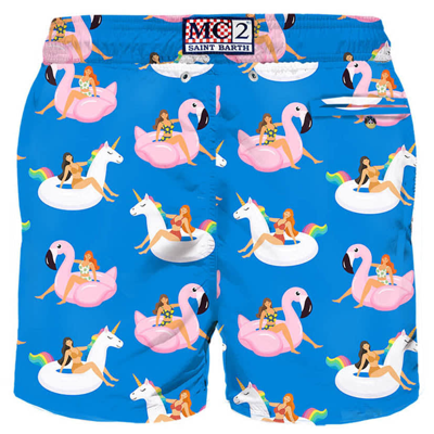 Mc2 Saint Barth Man Light Fabric Swim Shorts With Summer Girls Print In Blue