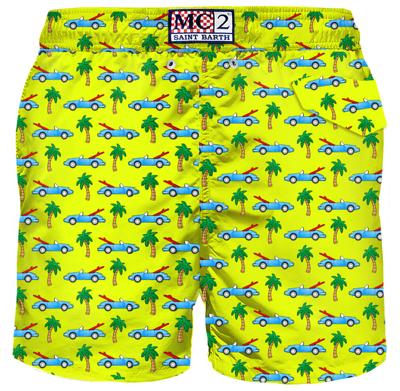 Shop Mc2 Saint Barth Man Light Fabric Swim Shorts With Surfcar Print In Yellow