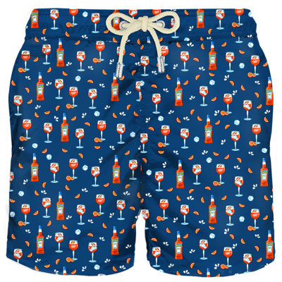 Shop Mc2 Saint Barth Man Light Fabric Swim Shorts With Spritz Print Aperol Special Edition In Blue