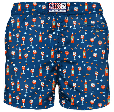 Shop Mc2 Saint Barth Man Light Fabric Swim Shorts With Spritz Print Aperol Special Edition In Blue