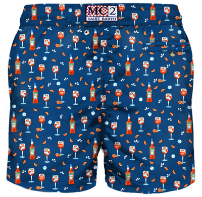 Mc2 Saint Barth Man Light Fabric Swim Shorts With Spritz Print Aperol Special Edition In Blue