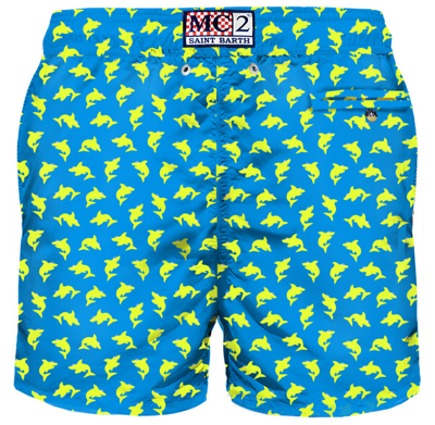 Mc2 Saint Barth Man Light Fabric Swim Shorts With Shark In Blue