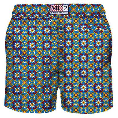 Mc2 Saint Barth Man Light Fabric Swim Shorts With Pattern In Blue