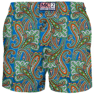 Shop Mc2 Saint Barth Man Light Fabric Swim Shorts With Paisley Print In Blue