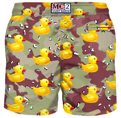 Shop Mc2 Saint Barth Man Light Fabric Swim Shorts With Mimetic Ducky Print In Brown