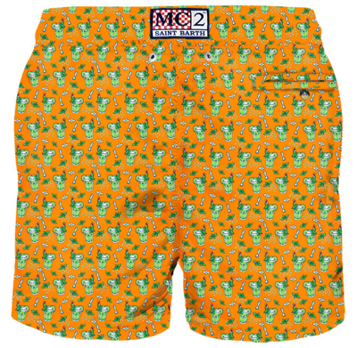 Shop Mc2 Saint Barth Man Light Fabric Swim Shorts With Mojito Print In Orange