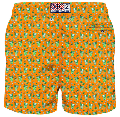 Mc2 Saint Barth Man Light Fabric Swim Shorts With Mojito Print In Orange