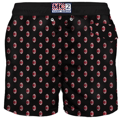 Mc2 Saint Barth Man Light Fabric Swim Shorts With Milan Print Milan Special Edition In Black