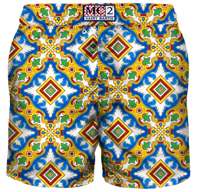 Mc2 Saint Barth Man Light Fabric Swim Shorts With Majolica Print In White