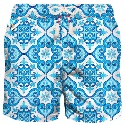 Shop Mc2 Saint Barth Man Light Fabric Swim Shorts With Majolica Print In White