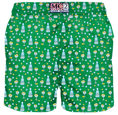 Shop Mc2 Saint Barth Man Light Fabric Swim Shorts With Gin Print Gin Mare Special Edition In Green