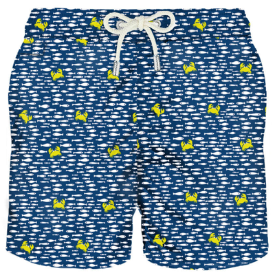 Shop Mc2 Saint Barth Man Light Fabric Swim Shorts With Fish & Crab Print In Blue
