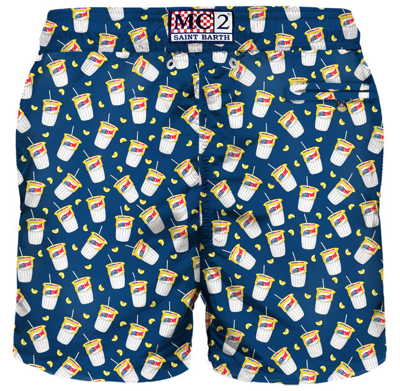 Shop Mc2 Saint Barth Man Light Fabric Swim Shorts With Estathé Print Estathé® Special Edition In Blue