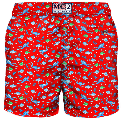 Mc2 Saint Barth Man Light Fabric Swim Shorts With Diver Print In Red