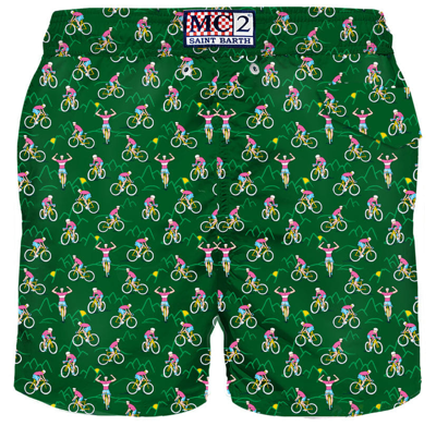 Mc2 Saint Barth Man Light Fabric Swim Shorts With Cyclist Print In Green