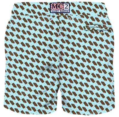 Mc2 Saint Barth Man Light Fabric Swim Shorts With Cremino Print Algida® Special Edition In Blue