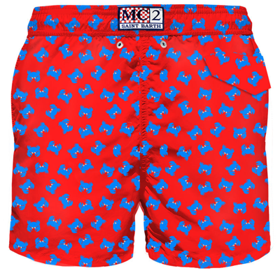 Shop Mc2 Saint Barth Man Light Fabric Swim Shorts With Crab Print In Red