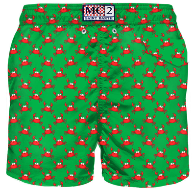 Shop Mc2 Saint Barth Man Light Fabric Swim Shorts With Crab Print In Green