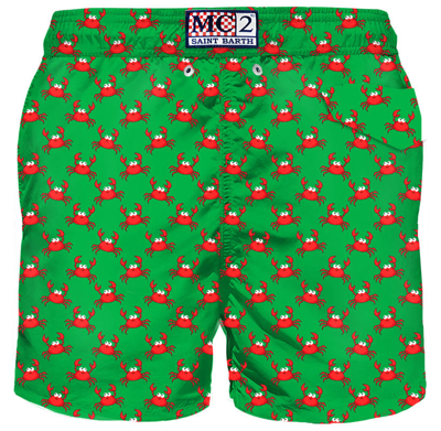 Mc2 Saint Barth Man Light Fabric Swim Shorts With Crab Print In Green