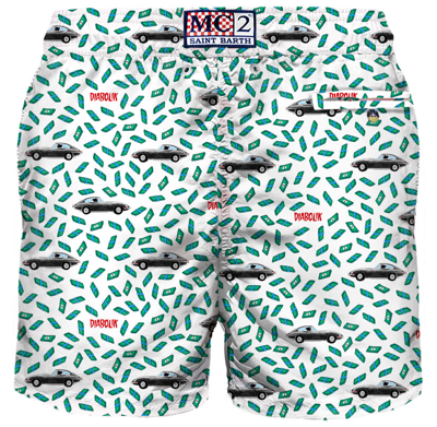 Shop Mc2 Saint Barth Man Light Fabric Swim Shorts With Car And Money Print Diabolik Special Edition In White