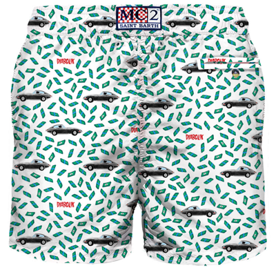Mc2 Saint Barth Man Light Fabric Swim Shorts With Car And Money Print Diabolik Special Edition In White