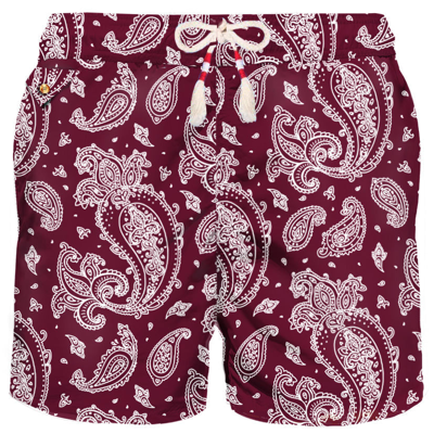 Shop Mc2 Saint Barth Man Light Fabric Swim Shorts With Burgundy Paisley Print In Red