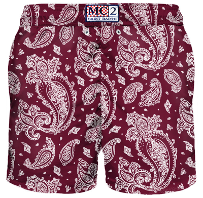 Shop Mc2 Saint Barth Man Light Fabric Swim Shorts With Burgundy Paisley Print In Red