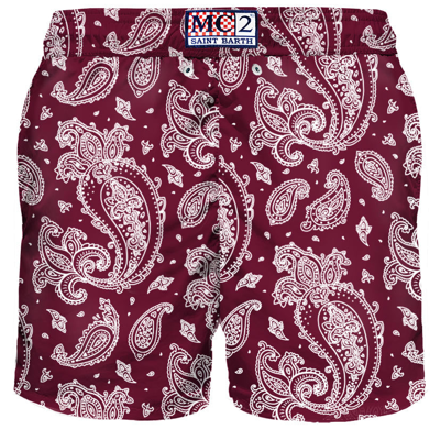 Mc2 Saint Barth Man Light Fabric Swim Shorts With Burgundy Paisley Print In Red