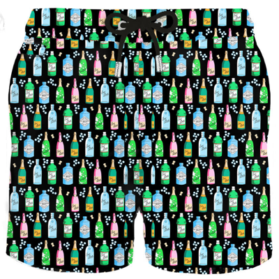 Mc2 Saint Barth Men`s Swim Shorts In Lightweight Fabric With Champagne Print In Black