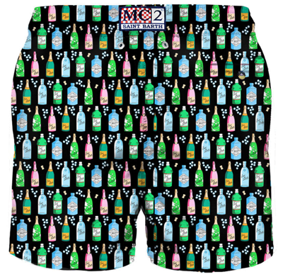 Mc2 Saint Barth Men`s Swim Shorts In Lightweight Fabric With Champagne Print In Black